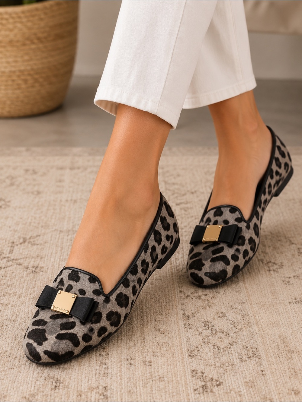 Cole Haan Tail Bow Loafers Mercer Ocelot Animal Print Calf Hair Gray & Black. S8